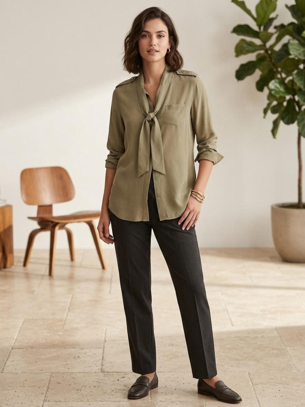 Joe Fresh Olive Tie-Neck Blouse with Black Trousers